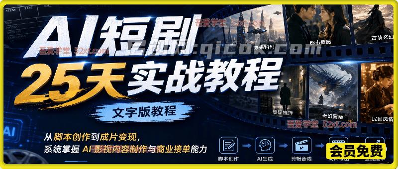AI短剧25天实战教程（文字版教程），从脚本创作到成片变现，系统掌握 AI 影视内容制作与商业接单能力