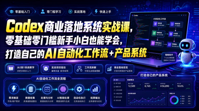 Codex商业落地系统实战课，零基础零门槛新手小白也能学会，打造自己的AI自动化工作流+产品系统(更新)
