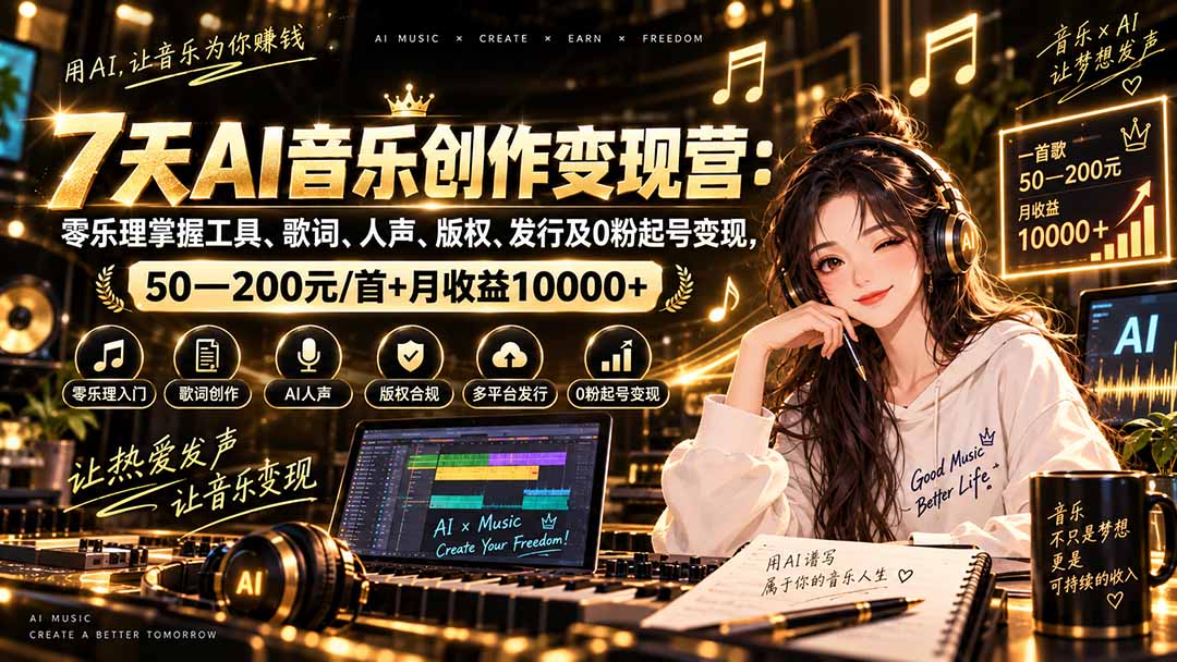 AI音乐创作变现营：零乐理掌握工具、歌词、人声、版权、发行及0粉起号变现，50—200元/首+月收益10000+