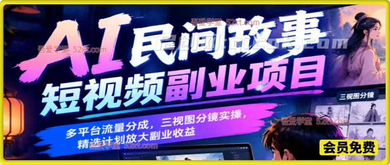 AI 民间故事短视频副业项目，多平台流量分成，三视图分镜实操，精选计划放大副业收益