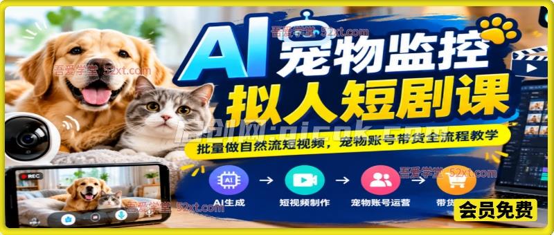 AI 宠物监控拟人短剧课，批量做自然流短视频，宠物账号带货全流程教学
