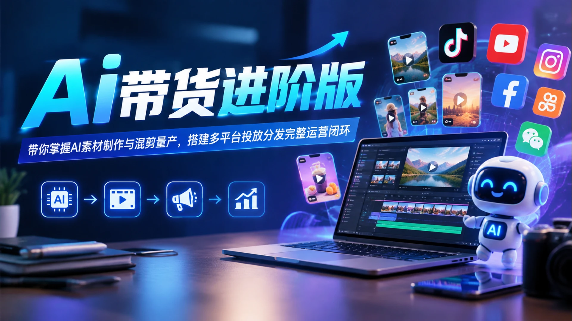 Ai带货进阶版，带你掌握AI素材制作与混剪量产，搭建多平台投放分发完整运营闭环