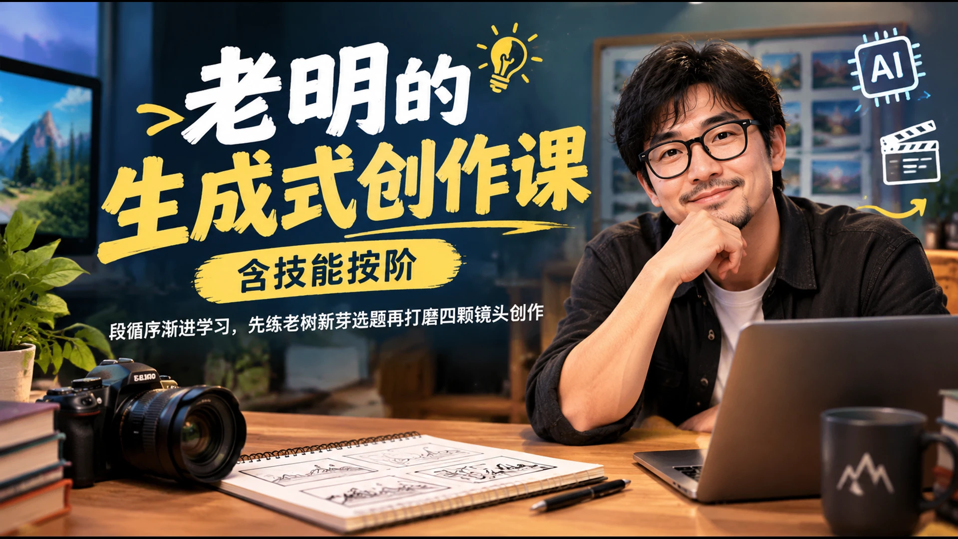 老明的生成式创作课含技能按阶段循序渐进学习，先练老树新芽选题再打磨四颗镜头创作