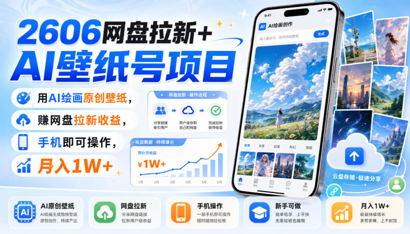 2606网盘拉新+AI壁纸号项目，用AI绘画原创壁纸，賺网盘拉新收益，手机即可操作，月入1W+-智点网