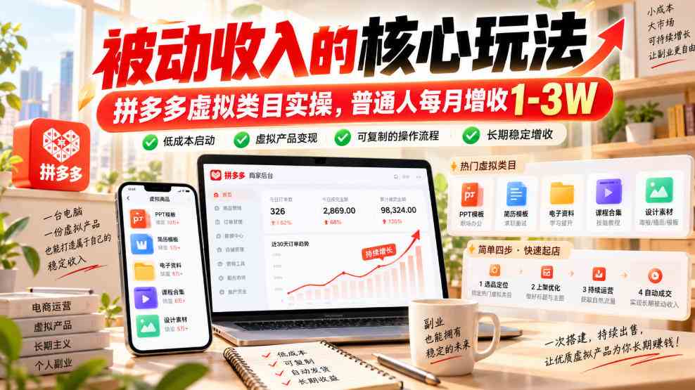 被动收入的核心玩法,拼多多虚拟类目实操,普通人每月增收1-3W【揭秘】