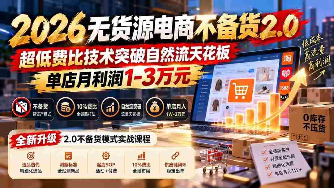 (20896期)2026无货源电商不备货2.0【更新1010】:超低费比技术突破自然流天花板,单店月利润1-3万元