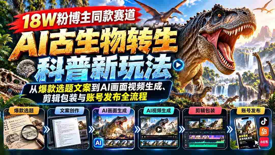(20833期)18W粉博主同款赛道-AI古生物转生科普新玩法:从爆款选题文案到AI画面视频生成、剪辑包装与账号发布全流程