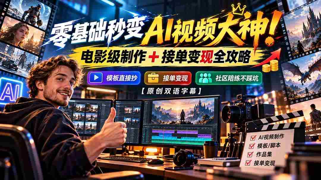 (20897期)零基础秒变AI视频大神!电影级制作 + 接单变现全攻略,模板直接抄,社区陪练不踩坑【原创双语字幕】