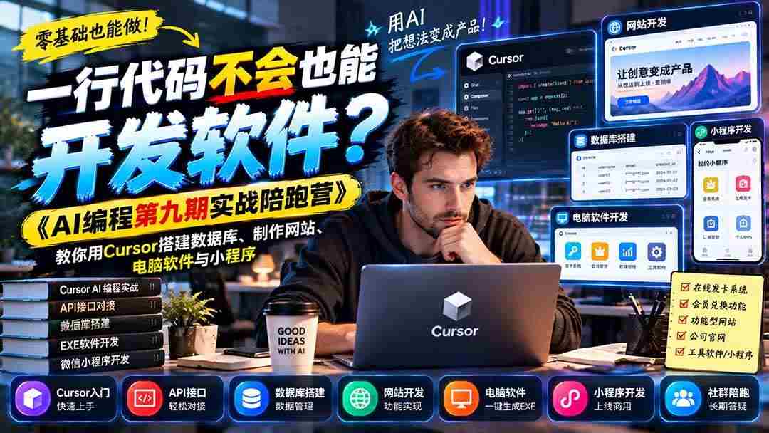 (21146期)一行代码不会也能开发软件?《AI编程第九期实战陪跑营》教你用Cursor搭建数据库、制作网站、电脑软件与小程序