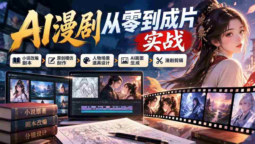 (21069期)AI漫剧从零到成片实战:小说改编剧本、原创模仿创作、人物场景道具设计、AI画面生成与漫剧剪辑