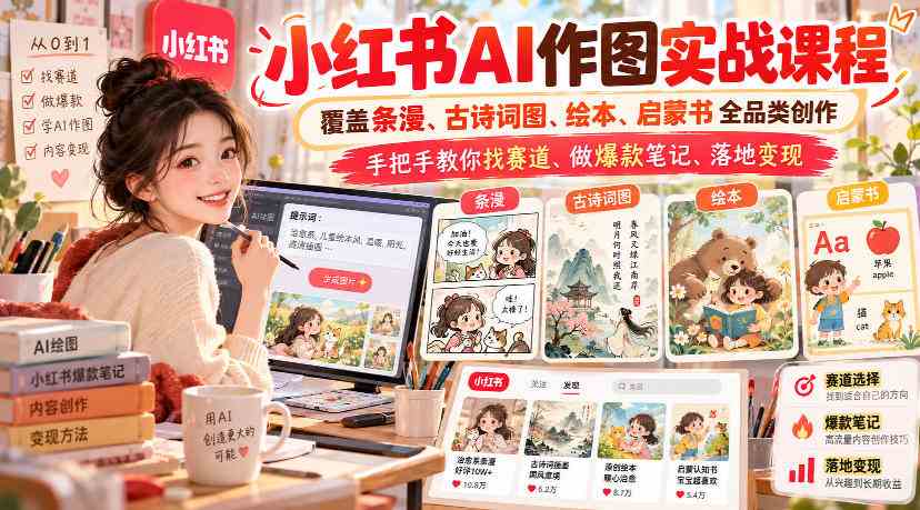 小红书AI作图实战课程,覆盖条漫、古诗词图、绘本、启蒙书全品类创作,手把手教你找赛道、做爆款笔记、落地变现(更新1009)