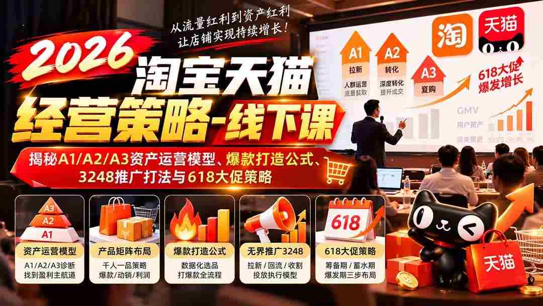(20912期)2026淘宝天猫经营策略-线下课:揭秘A1/A2/A3资产运营模型、爆款打造公式、3248推广打法与618大促策略
