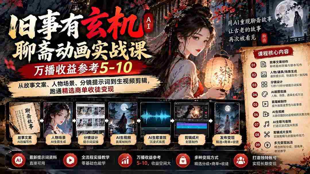 （20789期）旧事有玄机AI聊斋动画实战9月新课：万播收益参考5-10，从故事文案、人物场景到分镜生视频，跑通精选商单收徒