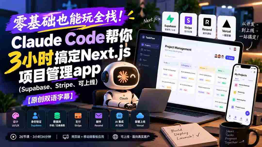 （20907期）零基础也能玩全栈！Claude Code帮你3小时搞定Next.js项目管理app（Supabase、Stripe、可上线）【原创双语字幕】