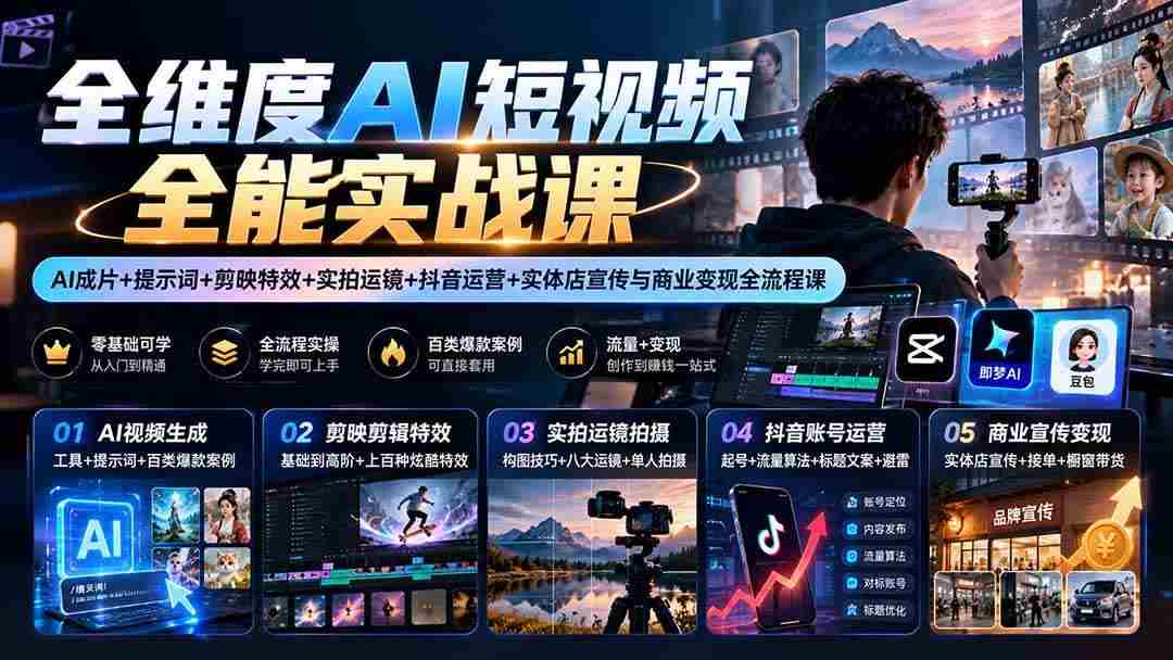 (20768期)【无水印】全维度AI短视频全能实战课:AI成片+提示词+剪映特效+实拍运镜+抖音运营+实体店宣传与商业变现全流程课