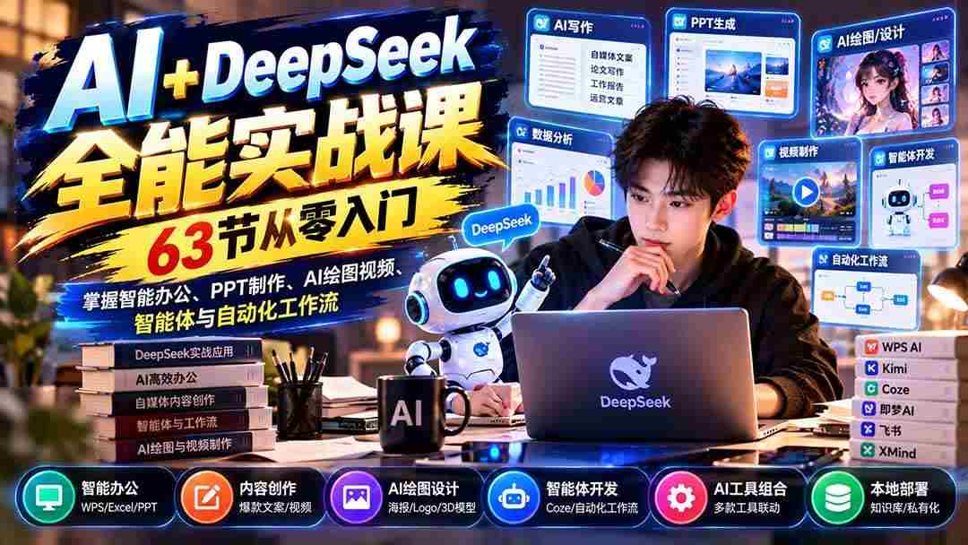 （21141期）AI+DeepSeek全能实战课：63节从零入门，掌握智能办公、PPT制作、AI绘图视频、智能体与自动化工作流