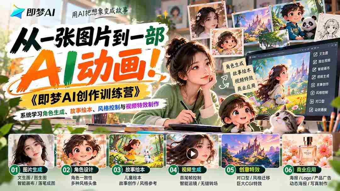 (21160期)【无水印】从一张图片到一部AI动画!《即梦AI创作训练营》系统学习角色生成、故事绘本、风格控制与视频特效制作