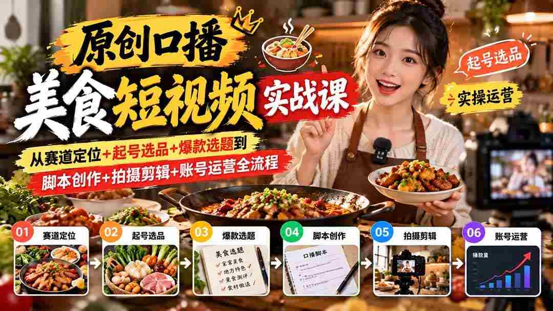 （20786期）原创口播美食短视频实战课：从赛道定位+起号选品+爆款选题到脚本创作+拍摄剪辑+账号运营全流程