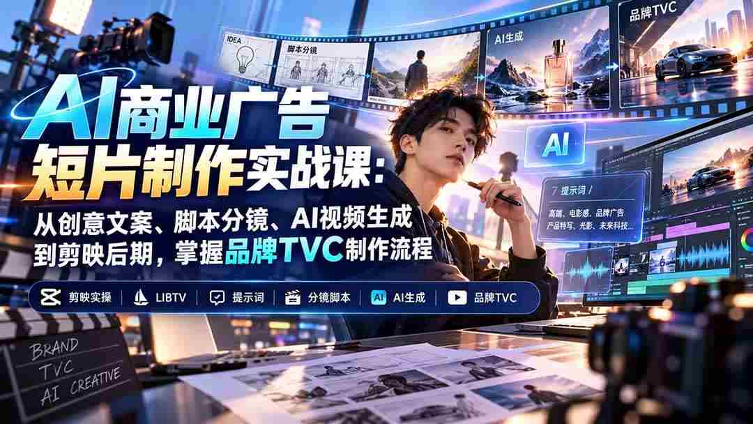 (20863期)AI商业广告短片制作实战课:从创意文案、脚本分镜、AI视频生成到剪映后期,掌握品牌TVC制作流程