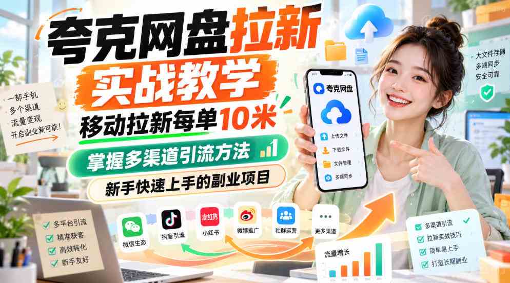 夸克网盘拉新实战教学，移动拉新每单10米，掌握多渠道引流方法，新手快速上手的副业项目（更新1022）
