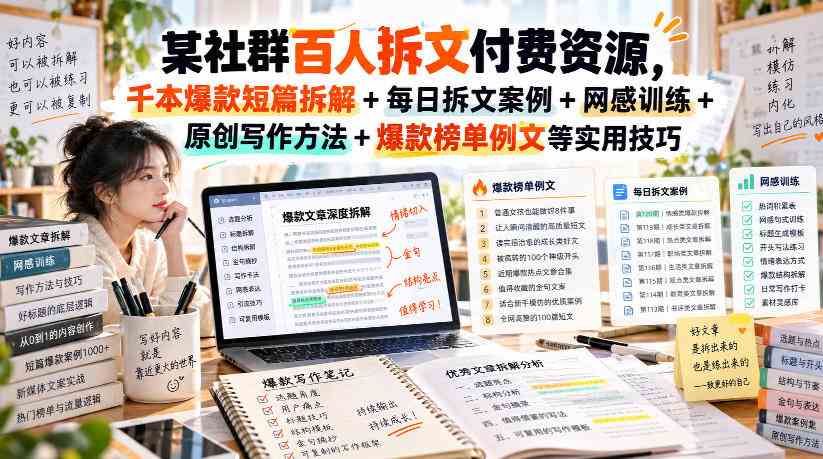 （无水印）某社群百人拆文付费资源，千本爆款短篇拆解+每日拆文案例+网感训练+原创写作方法+爆款榜单例文等实用技巧(更新1009)