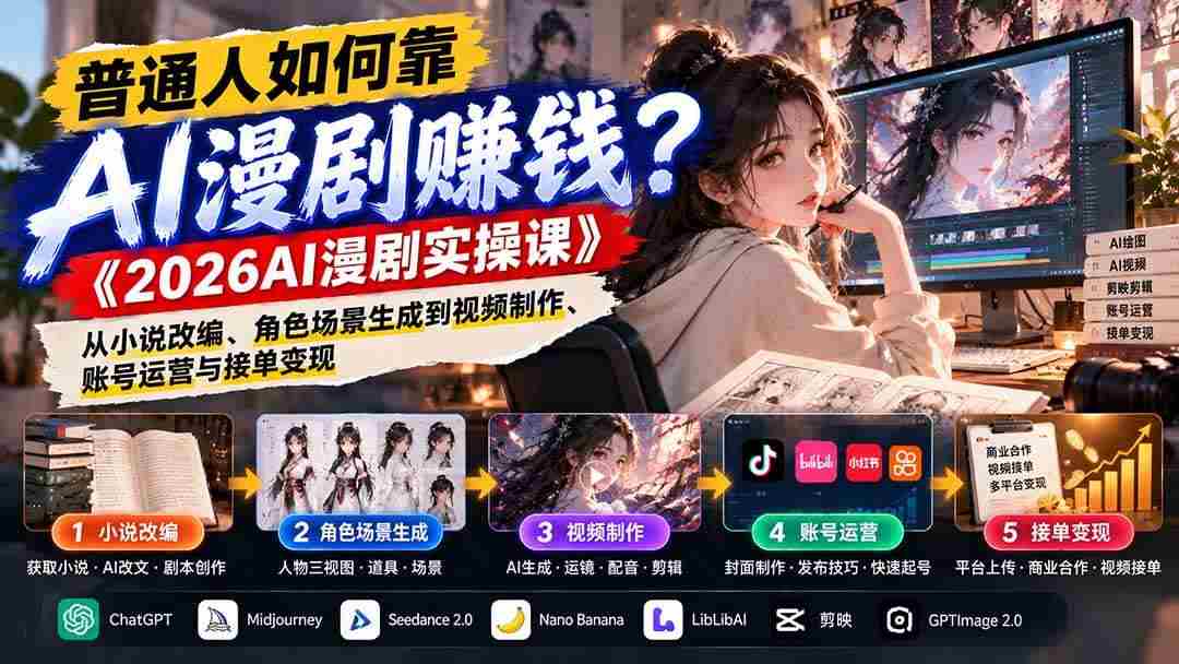 (21173期)普通人如何靠AI漫剧赚钱?《2026AI漫剧实操课》从小说改编、角色场景生成到视频制作、账号运营与接单变现