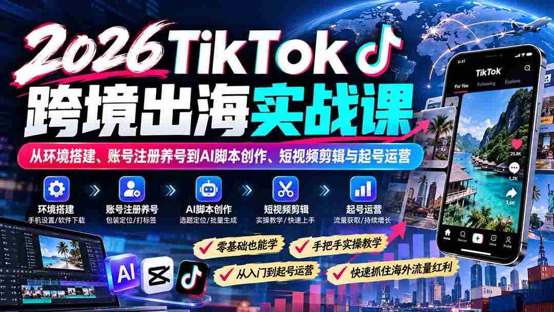 (21170期)2026TikTok跨境出海实战课:从环境搭建、账号注册养号到AI脚本创作、短视频剪辑与起号运营