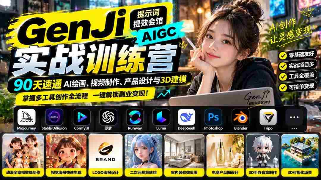 (21192期)GenJi AIGC实战训练营:90天速通AI绘画、视频制作、产品设计与3D建模,掌握多工具创作全流程