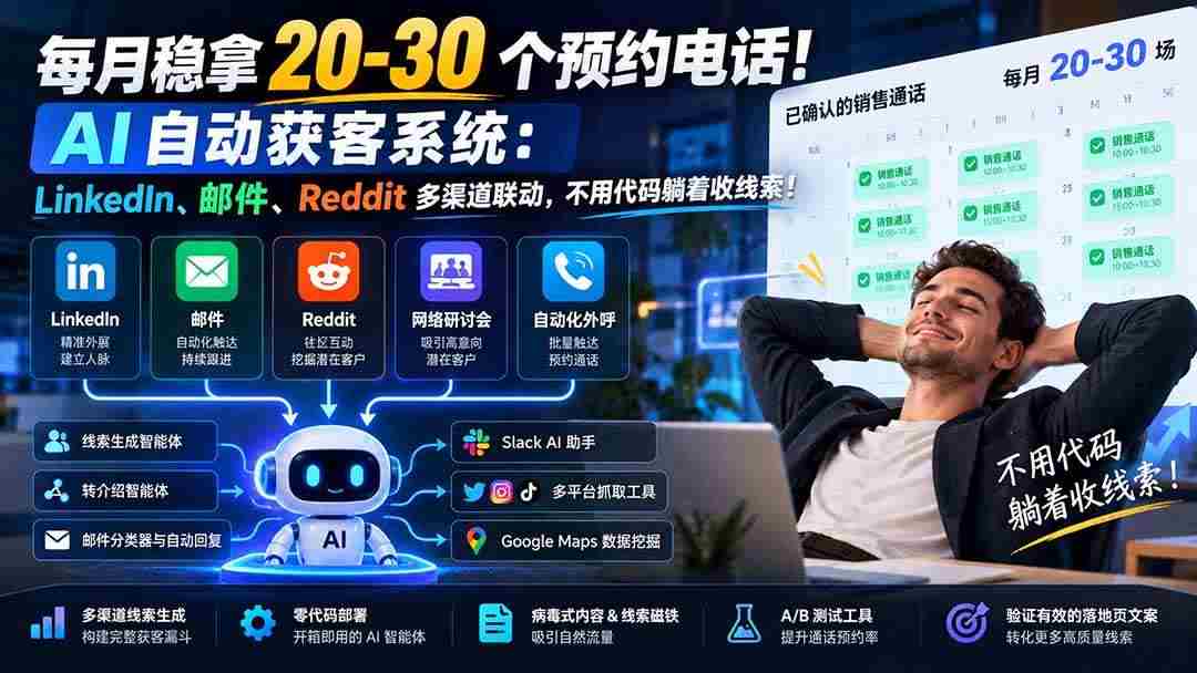 (21164期)每月稳拿 20-30 个预约电话!AI 自动获客系统:LinkedIn、邮件、Reddit 多渠道联动,不用代码躺着收线索!