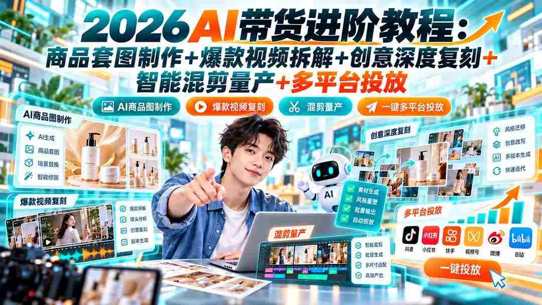(20857期)2026AI带货进阶教程:商品套图制作+爆款视频拆解+创意深度复刻+智能混剪量产+多平台投放
