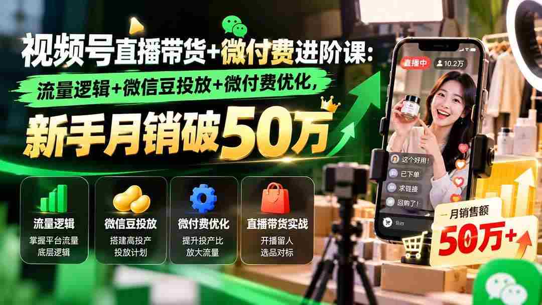 (20886期)视频号直播带货+微付费进阶课-更新1010:流量逻辑+微信豆投放+微付费优化,新手月销破50万