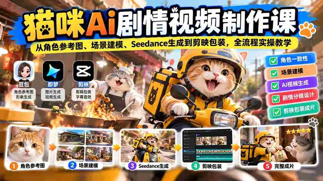 （20793期）猫咪AI剧情视频制作课：从角色参考图、场景建模、Seedance生成到剪映包装，全流程实操教学