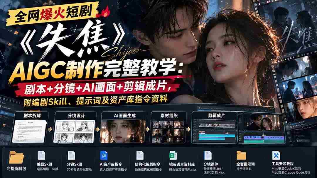 (20805期)全网爆火短剧《失焦》AIGC制作完整教学:剧本+分镜+AI画面+剪辑成片,附编剧Skill、提示词及资产库指令资料