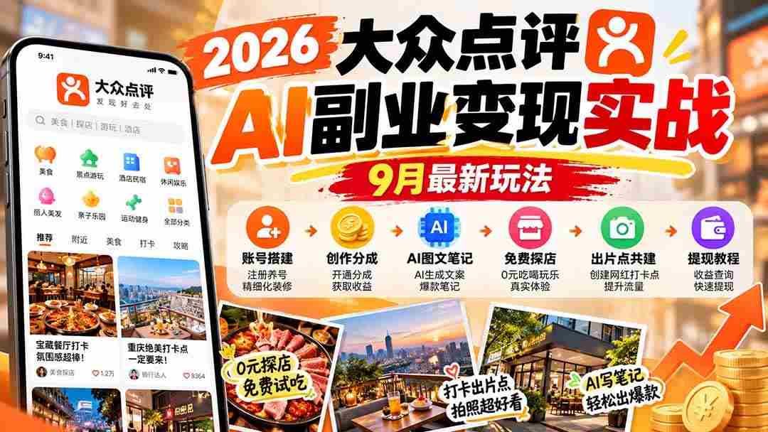 (20873期)2026大众点评AI副业变现实战9月最新玩法:账号搭建+创作分成+AI图文笔记+免费探店+出片点共建与提现教程