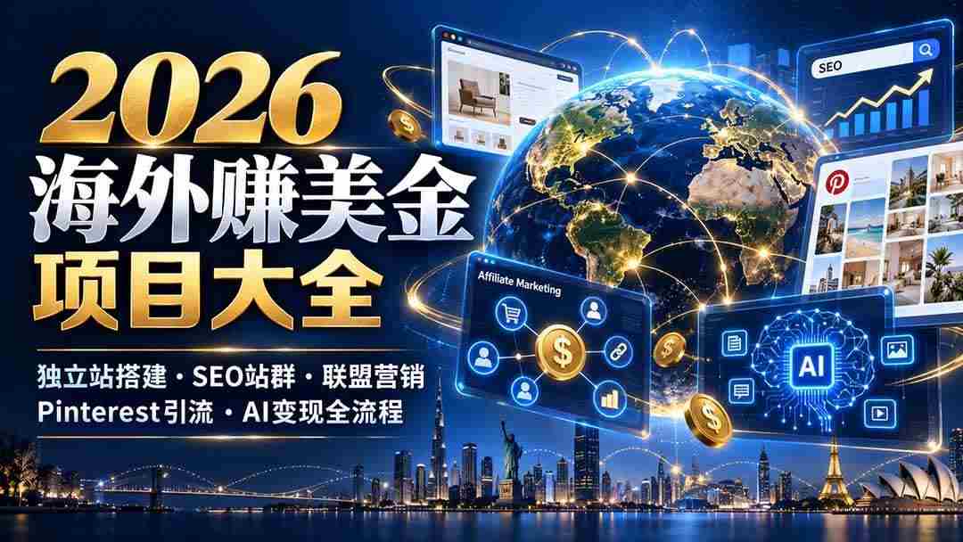 (21200期)2026海外赚美金项目大全:独立站搭建、SEO站群、联盟营销、Pinterest引流与AI变现全流程