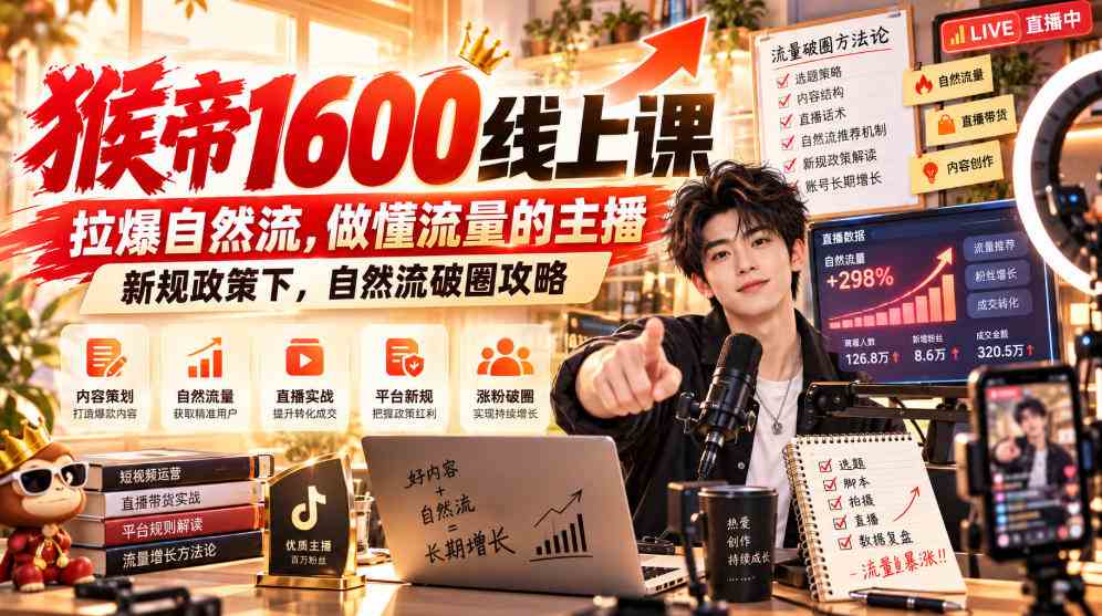 猴帝1600线上课，拉爆自然流，做懂流量的主播，新规政策下，自然流破圈攻略【更新261017】
