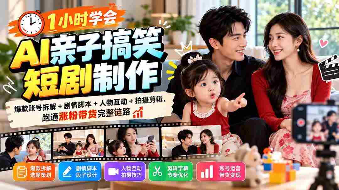 (20807期)1小时学会AI亲子搞笑短剧制作:爆款账号拆解+剧情脚本+人物互动+拍摄剪辑,跑通涨粉带货完整链路