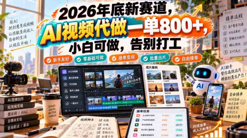 2026年底新赛道，AI视频代做一单800+，小白可做，告别打工