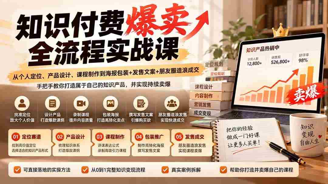 (20787期)【无水印】知识付费爆卖全流程实战课:从个人定位、产品设计、课程制作到海报包装+发售文案+朋友圈造浪成交