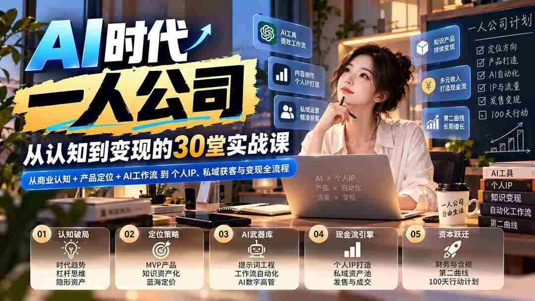 (20847期)【无水印】AI时代一人公司30堂实战课:从商业认知+产品定位+AI工作流到个人IP、私域获客与变现全流程