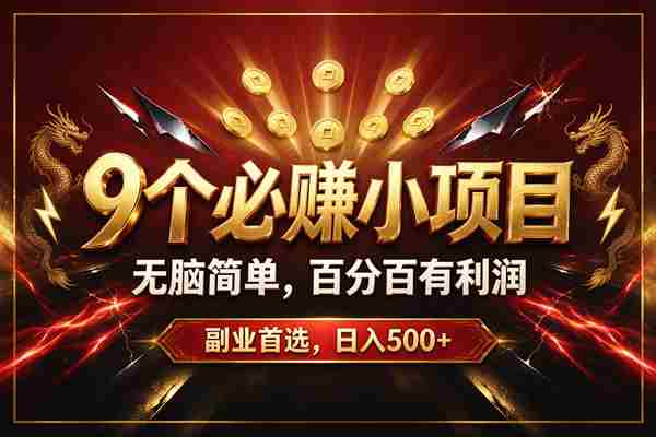 （20810期）9个必赚的小项目，无脑简单，百分百赚米的，副业首选，日收500+