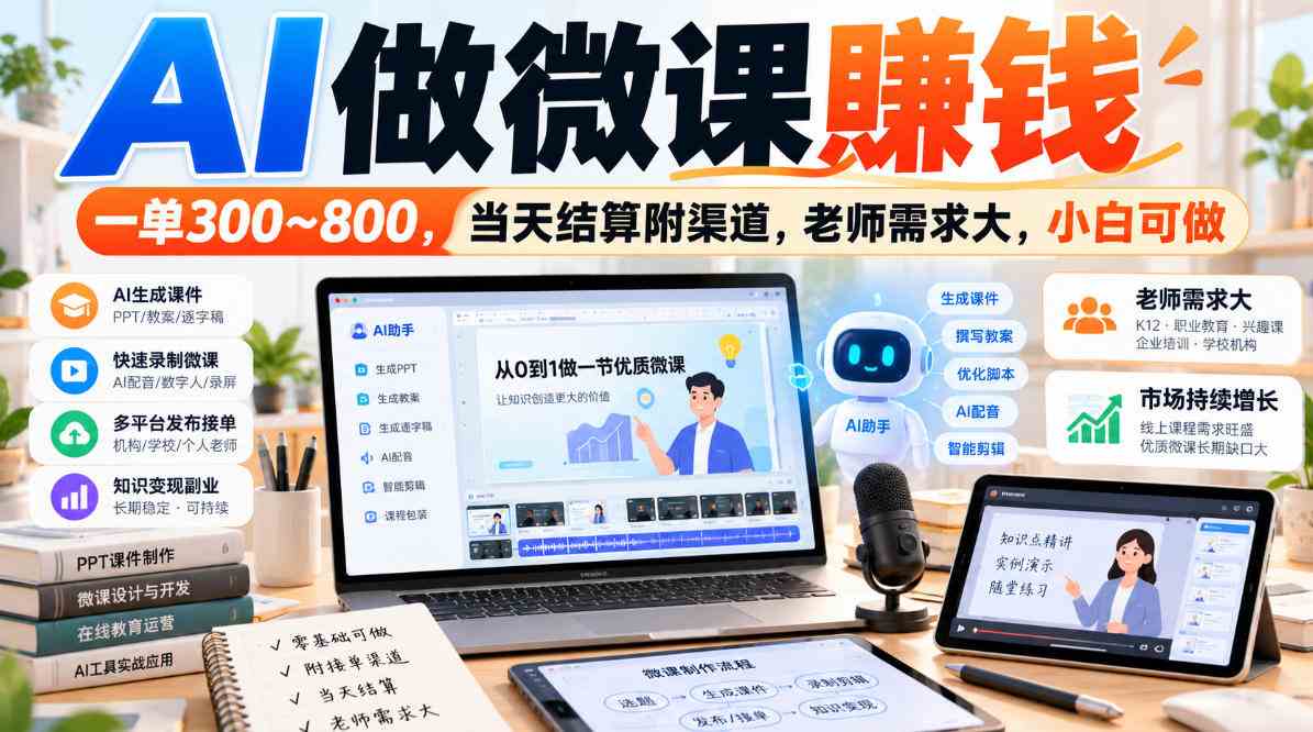AI做微课賺钱，一单300~800，当天结算附渠道，老师需求大，小白可做