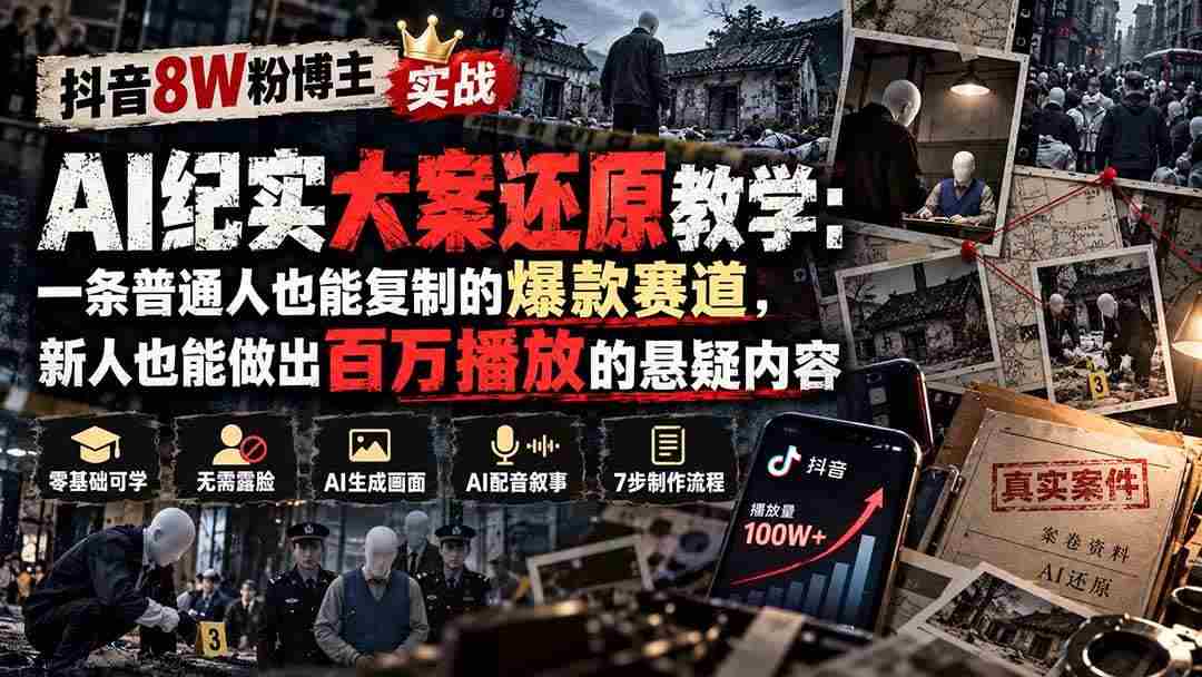 (20865期)抖音8W粉博主AI纪实大案还原教学:一条普通人也能复制的爆款赛道,新人也能做出百万播放的悬疑内容