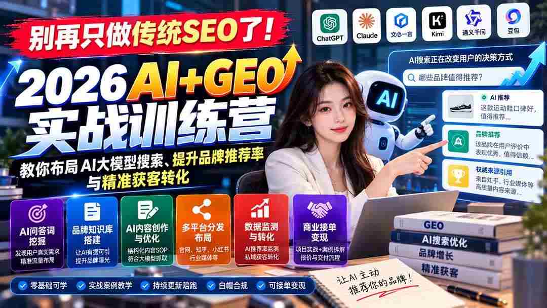 (21191期)别再只做传统SEO了!《2026AI+GEO实战训练营》教你布局AI大模型搜索、提升品牌推荐率与精准获客转化