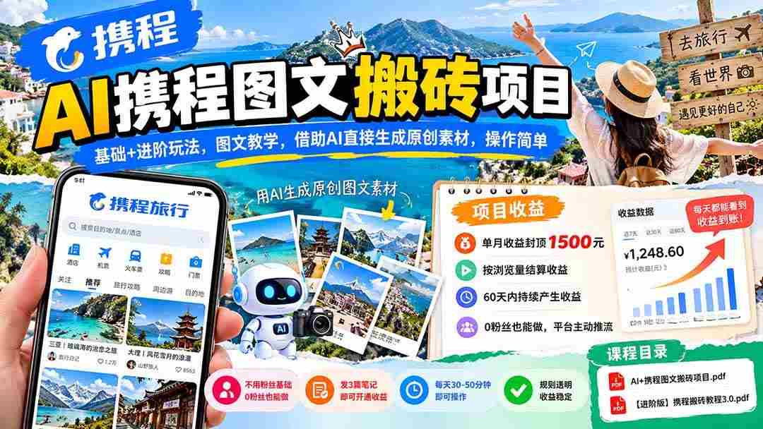 (21180期)AI携程图文搬砖项目,基础+进阶玩法,图文教学,借助AI直接生成原创素材,操作简单