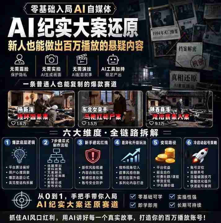(20865期)抖音8W粉博主AI纪实大案还原教学:一条普通人也能复制的爆款赛道,新人也能做出百万播放的悬疑内容