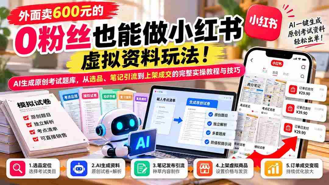 (21181期)外面卖600元的 零粉丝也能做小红书虚拟资料玩法!AI生成原创考试题库,从选品、笔记引流到上架成交的完整实操教程