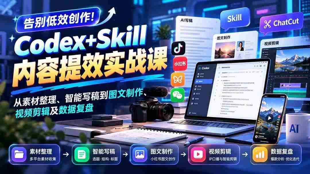 (20915期)【无水印】告别低效创作!Codex+Skill内容提效实战课:从素材整理、智能写稿到图文制作、视频剪辑及数据复盘