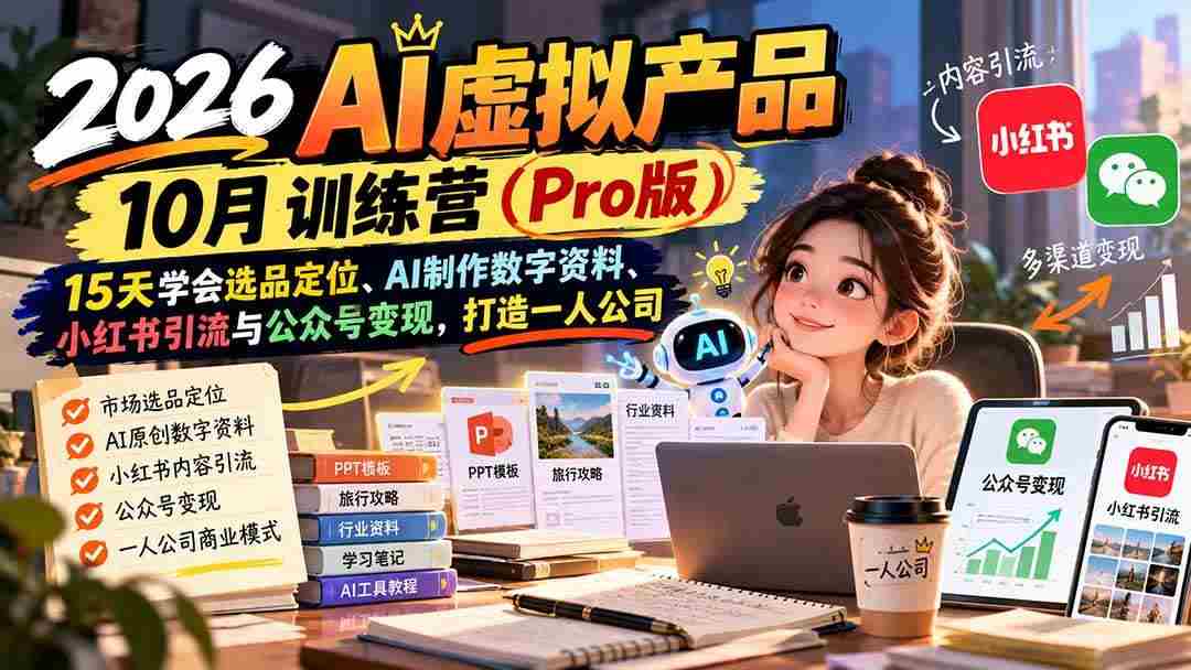 (21054期)2026AI虚拟产品10月训练营(Pro版):15天学会选品定位、AI制作数字资料、小红书引流与公众号变现,打造一人公司
