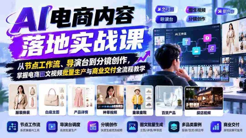 （21136期）AI电商内容落地实战课：从节点工作流、导演台到分镜创作，掌握电商图文视频批量生产与商业交付全流程教学